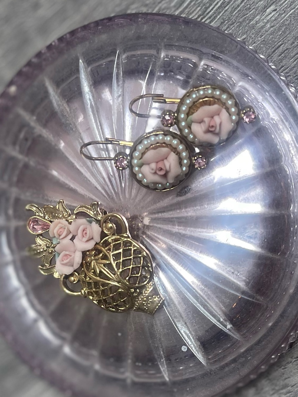 Vintage Delicate Pink Rose Porcelain Earrings and Brooch Set
